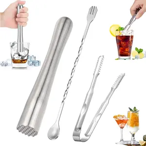8.9 Inch Stainless Steel Cocktail Muddler & 10.2 Inch Long Handle Bar Spoons &6.69Inch Ice Tong, Home Bar Tool Set, Bartender Accessories, Mojito Juice Drinks