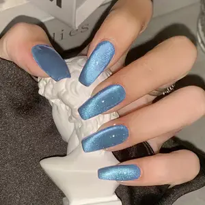 24pcs Y2K Square Shape Medium Long Nail Art Kit, Blue Cat Eye Acrylic Press-On Nails Set, Glossy Finish, Perfect for DIY Daily Use & Parties