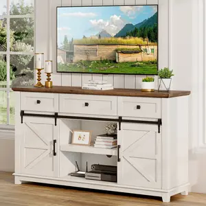 AMERLIFE Farmhouse TV Stand with Sliding Barn Door & Drawer, 59" Rustic Entertainment Center for TVs up to 65", Buffet Storage Cabinet for Living Room, Bedroom, Dinning Room