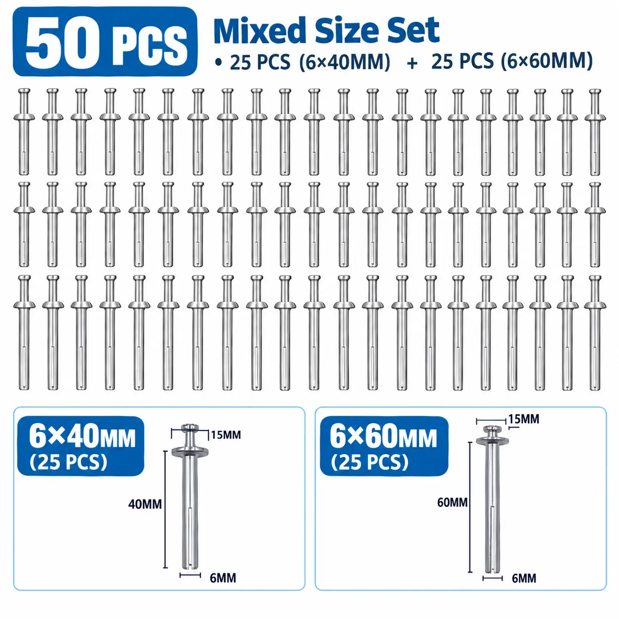 50pcs Heavy Duty Plated Hammer-Set Nail-in Wall Anchors - Expansion Fasteners Suitable for Concrete, Masonry, Cement Brick Walls with Drive-Pin Anchors for Door/Window Mounting, Picture Hanging, Shelf Brackets, Garage Hardware Repair