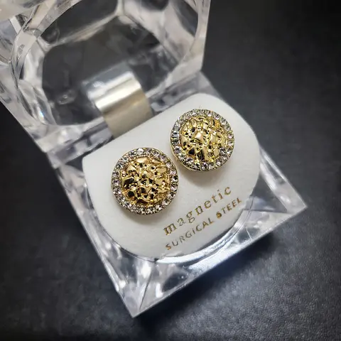 MaxBling81 Iced Gold-Plated Alloy Geometric Stud Earrings - Gold Zirconia, Magnetic, Small/Large Size, Unisex Hip-Hop Nugget Earrings for Adult Daily Wear
