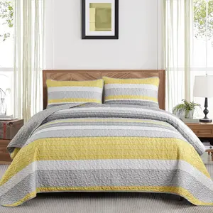 California King Size Set,3 Piece Fall Soft Lightweight Bedspreads Coverlet Set,Patchwork Striped Quilted Bedding Sets for All Season,Yellow Grey White Comforter Sets with 2 Pillow Shams 112"X96"