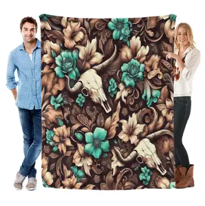 Super soft vintage floral and bull skull blanket – perfect for sofas, desks, camping, beds, and travel | Durable polyester, machine washable | Ideal for Thanksgiving and Christmas, cartoon blankets, Halloween, and Christmas gifts.