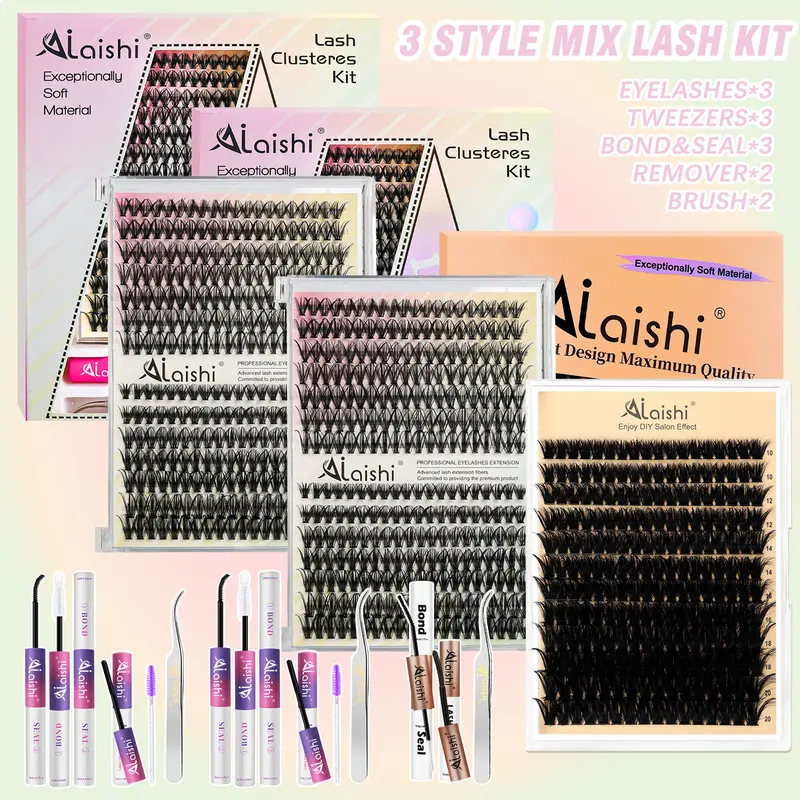 Ailaishi 3-Style D Curl Cosmetic Eyelash Set - Pestañas Kit Completo, False Lashes, Adhesive, Mixed-Length Individual Extensions, Tweezer, Bond & Seal, Remover for Adults' Fuller Look, At-Home Lash Upgrades