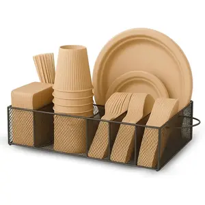 Sturdy Metal Paper Plate Organizer Caddy for Countertop 6 Compartment Holder for Parties Buffet Camping Kitchen Organization Outdoor Events