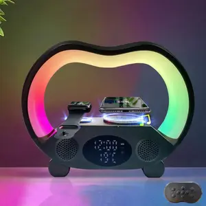 6-in-1 Wireless Charging Station, RGB Night Light with Bluetooth Speaker, Alarm Clock, Temperature Display, Fast Charger for Phone/Watch/Earbuds, Romantic Valentine's Day Gift for Couples
