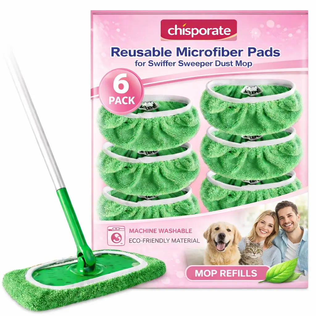 CHISPORATE Sturdy Reusable Coral Fleece-Polyester Mop Pads (6-Pack, Green) - Removable, Washable, Wet/Dry Cleaning, Compatible with Swiffer Sweeper, for Hardwood Floors, No Mop Included