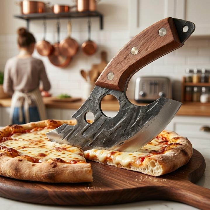 Hand Forged Ulu Knife with Wooden Handle, Sharp Pizza Cutter for Home Kitchen, Multi-use Ulu Knife for Outdoor Camping, Heavy Duty Meat Cutting Ulu Knife, Vintage Viking Style Kitchen Knife with Bottle Opener Super Combo Cleaver Set