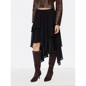 Cider Mid Rise Solid Ruffle Asymmetrical Hem Maxi Skirt