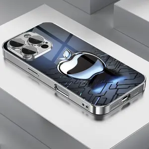 Metal Technology For Apple Pattern Tempered Glass Electroplated Case Cover for iPhone 17, Air 16, 15, 14, 13, 12, 11 (Pro, ProMax, Plus). Creative phonecase with shock-proof function