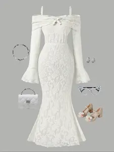 Girls' Halter Neck Dress with Textured Design, Elastic Waist Long Sleeve Fashionable Style, Casual Summer Wear