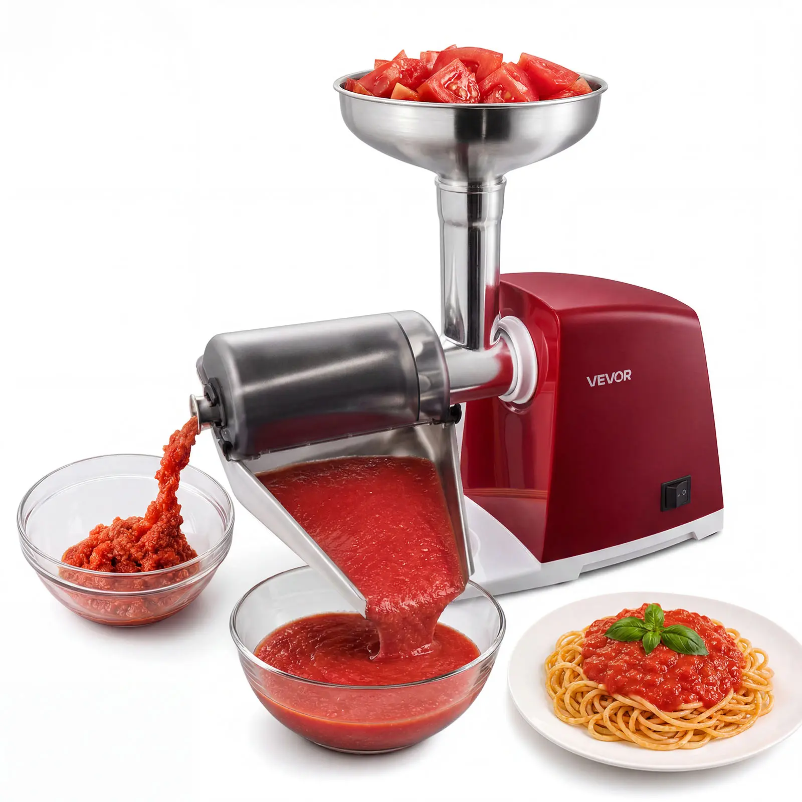 VEVOR Electric Tomato Strainer 800W Max (Rated Power: 300W) Sauce Maker, 88 lbs/H For Purees, Strawberry, Salsa, Stainless Steel Tomato Food Mill Press Machine, 1mm, 1.5mm, 3mm & 6mm Screens, Red