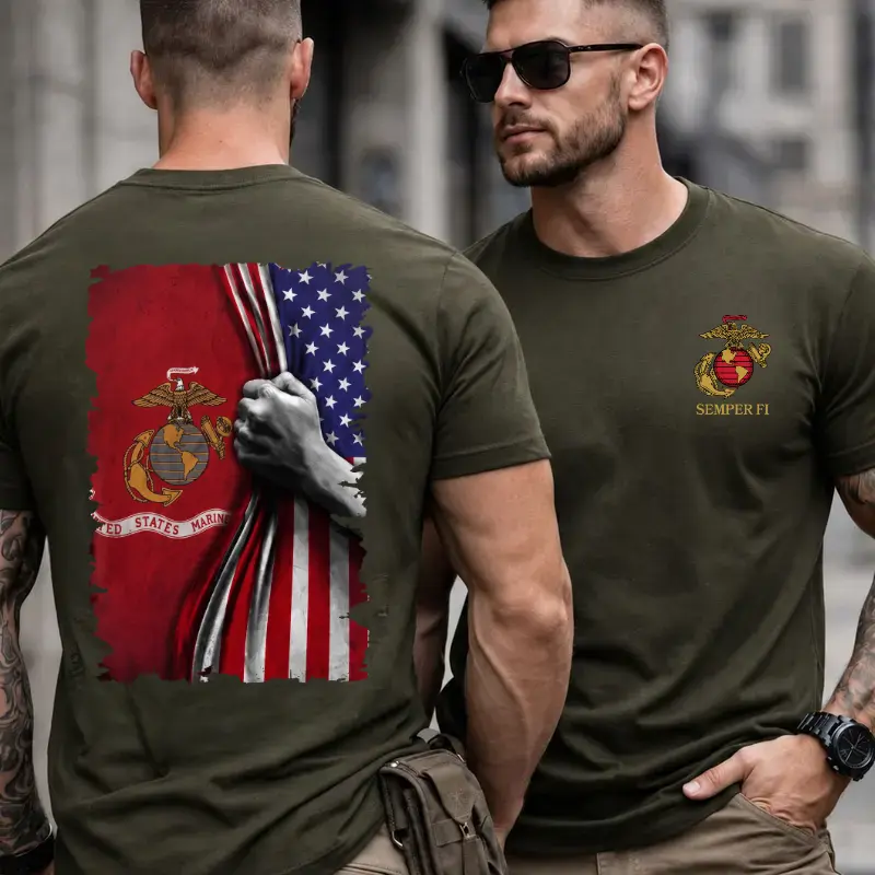 Men's US Marine Veteran Short-Sleeve T-Shirt - Semper Fi American Flag Print Top, Soft Breathable Fabric, Round Neck Casual Menswear for Everyday Wear