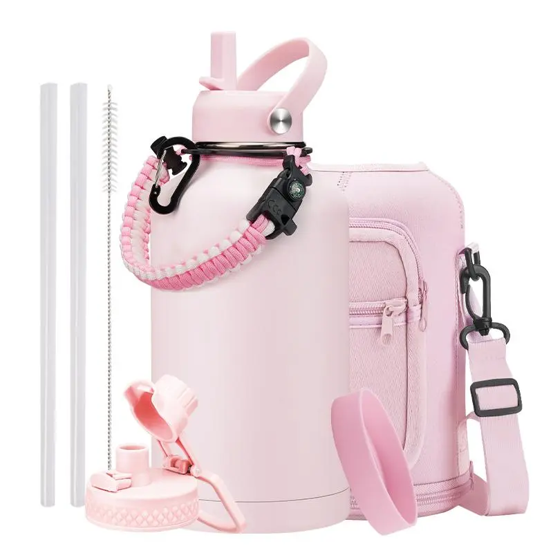Insulated Stainless Steel Water Bottle for Women - 32oz/40oz/64oz Half Gallon Jug with Straw Spout Lid, Carrying Sleeve with Strap, Paracord Handle, Silicone Boot, Pink Cold Canteen