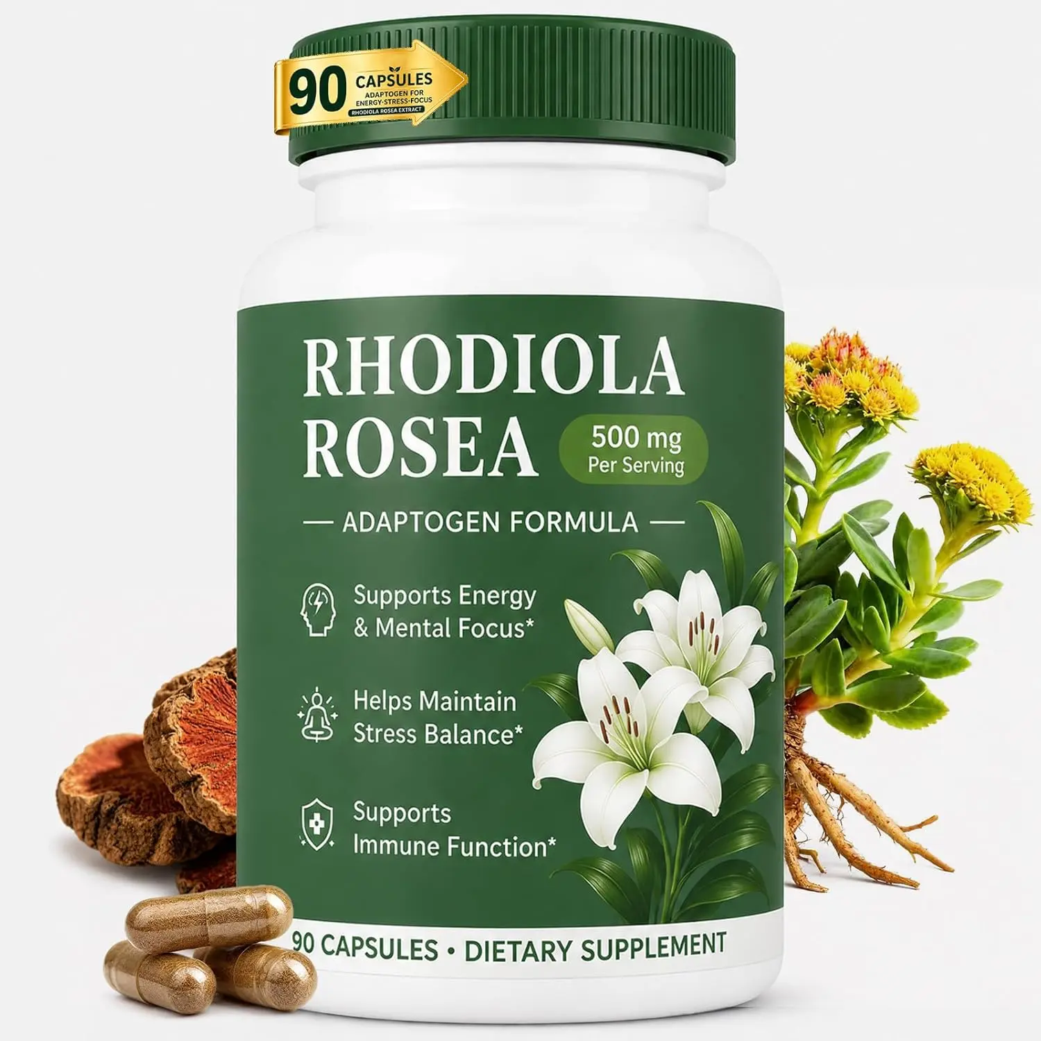 Rhodiola Rosea Supplement Organic, Premium Golden Root Adaptogens Capsules for Stress Relief, Mental Focus, Sustained Energy & Cognitive Performance, 60 Vegan Non-GMO Capsules