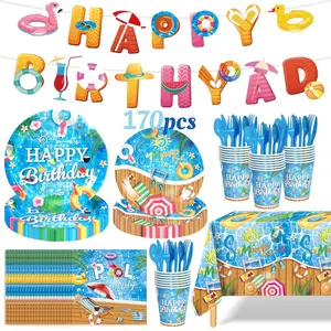 170PCS Pool Party Supplies Set for 24 Guests – Summer Swimming Birthday Decorations & Tableware Kit