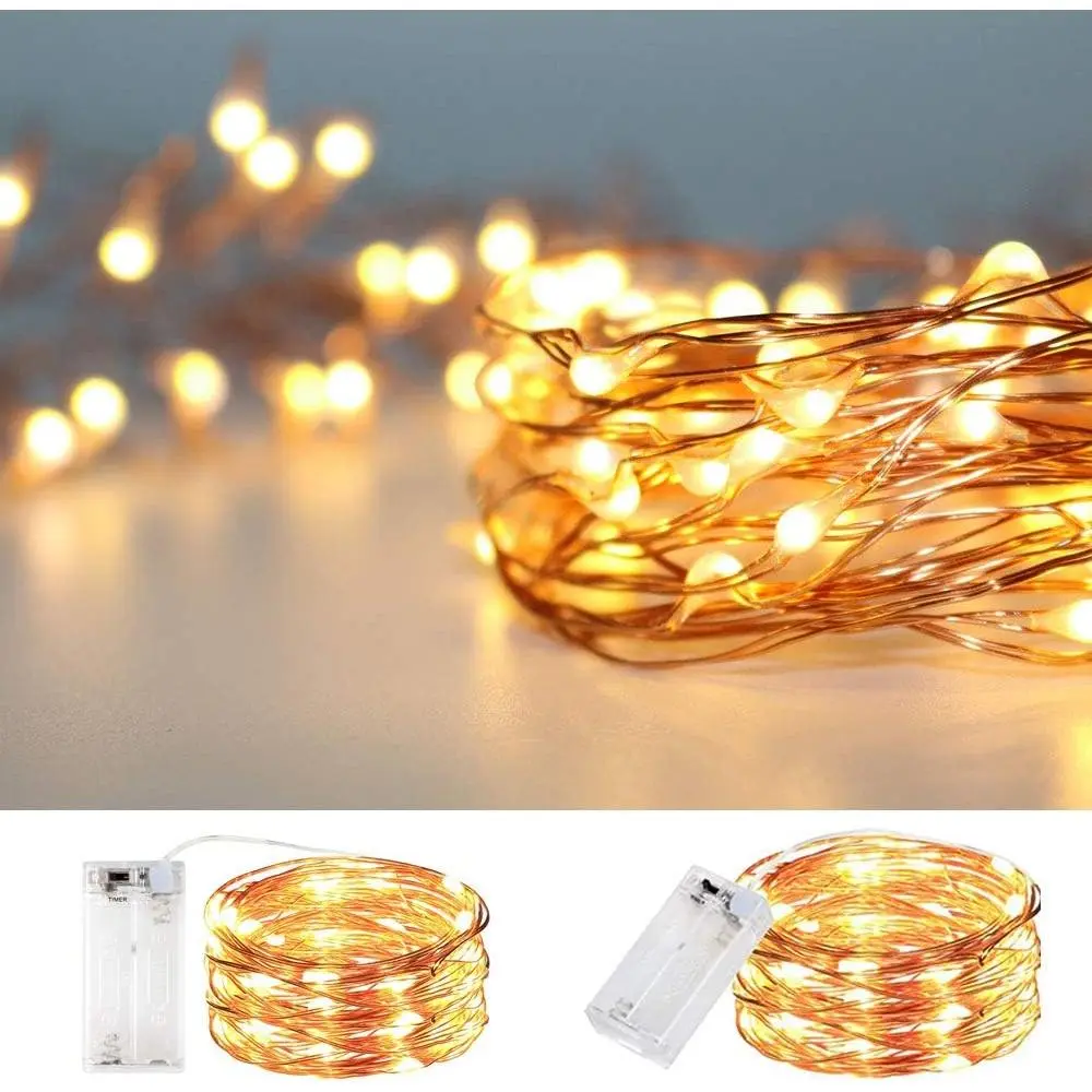 String lights, waterproof LED string lights, 4 sets of 6.5 feet, 20 light sections, festive decorations powered by hand-made batteries, copper wire star-shaped colored lights (warm white)
