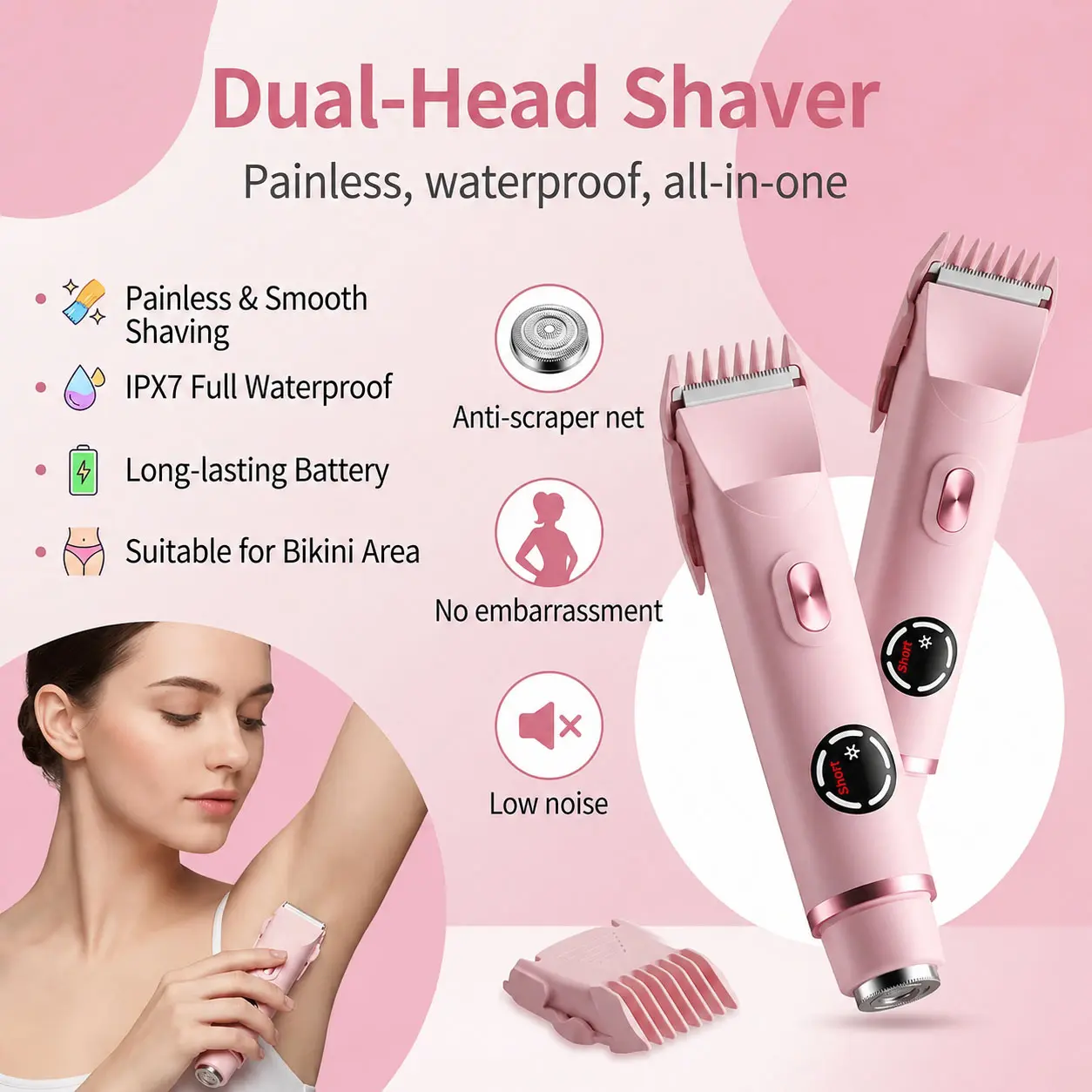 3-in-1 Electric Shaver for Women, IPX7 Waterproof Wet & Dry Hair Removal Trimmer, Cordless & Rechargeable with Dual Head for Face, Body, and Bikini Line, Battery Operated Rechargeable Hair Trimmers & Clippers, Waterproof Bikini Trimmer, Rechargeable Body