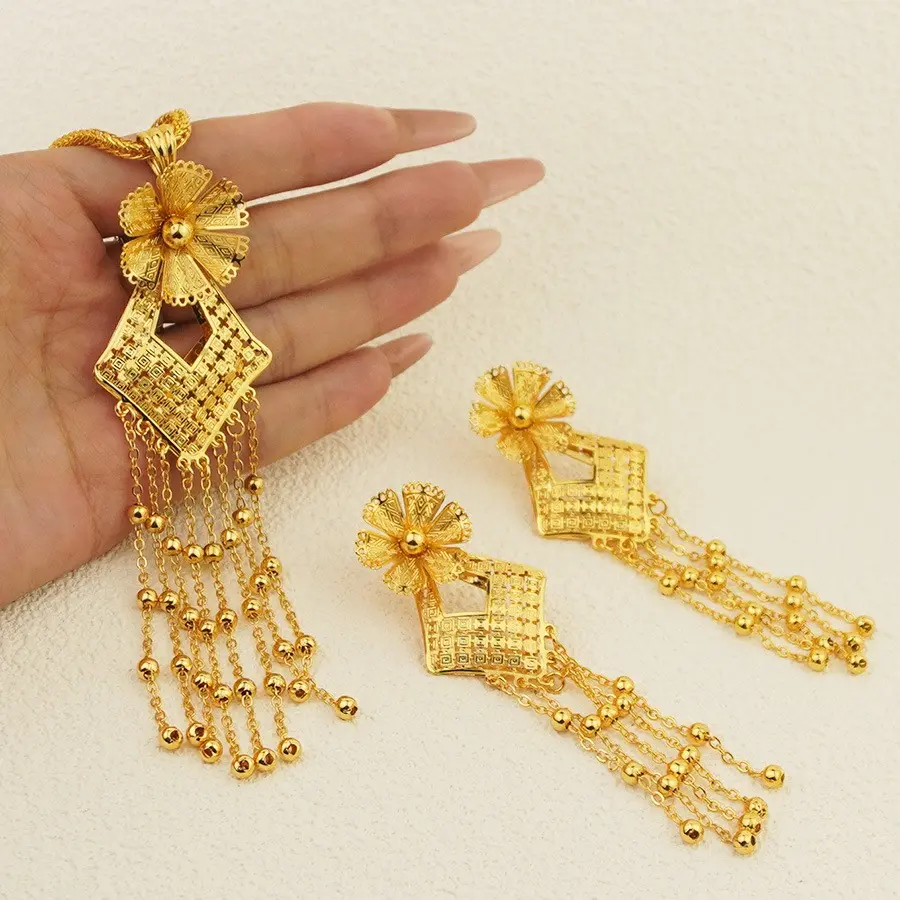 Women's Tarnish-Resistant Gold-Plated Floral Tassel Jewelry Set - Bling, Customizable, Enchanted, Gold-Colored, Sunflower Necklaces & Earrings, Perfect Gift For Her, Bling Jewelry Sets, Customizable Jewelry Sets
