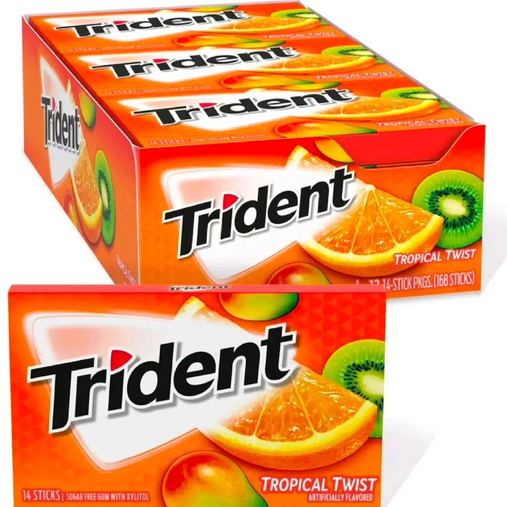 Trident Tropical Twist Sugar-Free Chewing Gum - Xylitol Base, Mannitol Sweetened, Low Calorie Snacks, Individually Wr., Bulk, Ambient, 14 Count per Pack, 12 Packs (168 Total Pieces) for Office & Home Pantry