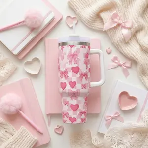 Boccsty Valentine's Day Hearts Insulated Tumblers Pink Bow Reusable Stainless Steel Tumbler 40 oz Cup Coffee Travel Mug Water Bottle with Handle for Valentine's Day
