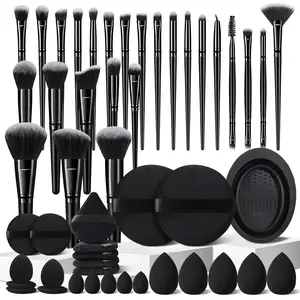 The Ultimate All-in-One Makeup Set 50PCS Includes 25Pcs Professional Black Makeup Brushes & 10Pcs Makeup Sponges & 5Pcs Triangle Makeup Puffs & 1Pcs Cleaning Brush & 4Pcs Circular Makeup Puffs & 5Pcs Water Drop Finger Puffs for Your Routine