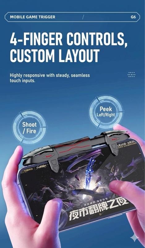 Mobile Gaming Triggers, 4-Finger Integrated Controller with Mechanical Tactile Clicking, Auto High-Sensitivity Capacitive Mapping Gaming Grip for iPhone & Android PUBG/Call of Duty/Valorant Mobile Gaming Triggers, 4-Finger Integrated Controller with Mechanical Tactile Clicking, Auto High-Sensitivity Capacitive Mapping Gaming Grip for iPhone & Android PUBG/Call of Duty/Valorant