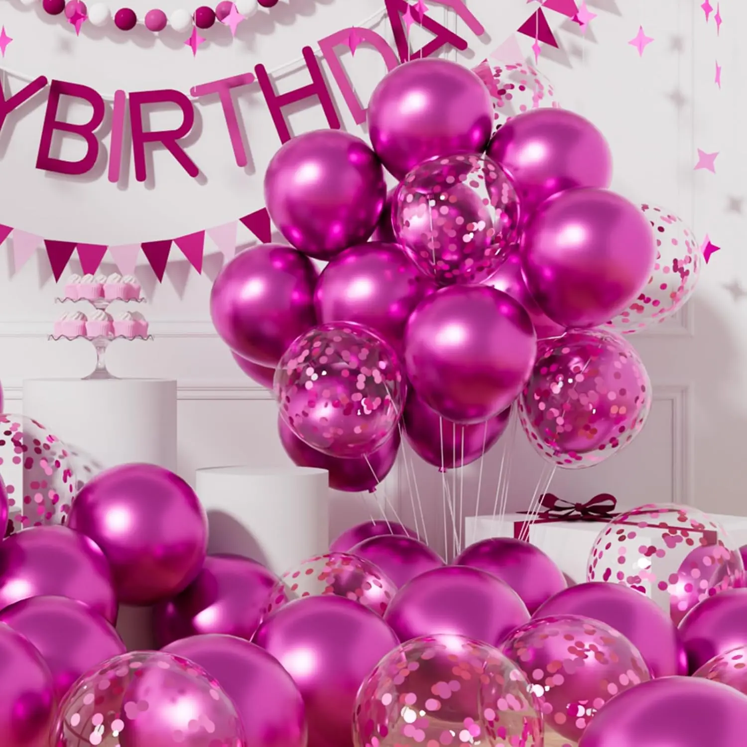 Party Balloons Pack of 42 - Metallic Chrome Hot Pink Balloons and Hot Pink Confetti Latex Helium Balloons With 64ft Ribbons - 12 Inch Balloon Decoration Set