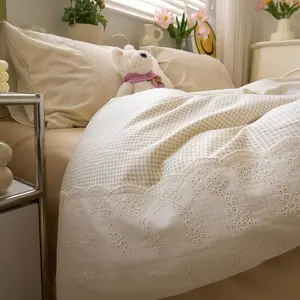 Tan Gingham Duvet Cover Twin 3 Pieces Romantic Lace Vintage Plaid Checkered Comforter Cover with 2 Pillowcases Soft Microfiber Beige Tan Grid Farmhouse Plaid Bedding Set