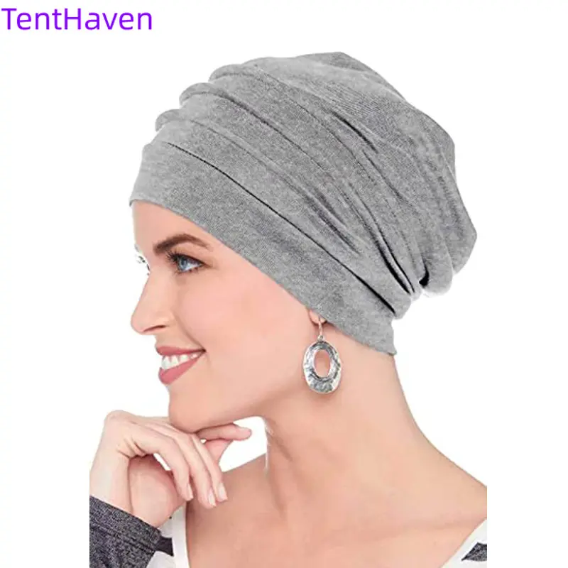Female 2026 New Stretch Beanie - Double-Layer Chemo Cotton Hair Turban with Soft Satin Lining, Crinkled One-Size Sports & Outdoor Inner Hijab Cap, Comfy Daily Headwear