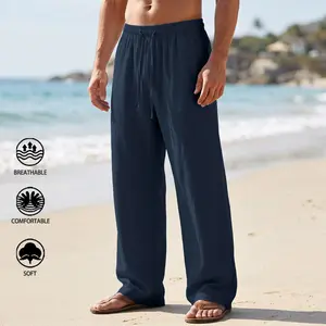 Men’s summer loose lightweight breathable long pants with a drapey feel, drawstring tie, 100% polyester fiber, suitable for beach vacations and everyday wear.