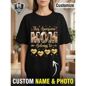Custom Photo & Name Printed Crew Neck tee, A Perfect Casual Top As Mother's Day Or Birthday Gift for Mom.You Can Upload Photos to Customize Exclusive Family Memorial Patterns And Print Kids' Names Uni