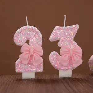 Cute Pink Bow Cake Number Candles Glitter 0-9 Digital Cake Toppers Kids Girls Birthday Party Cucountake Dessert Decoration Favors