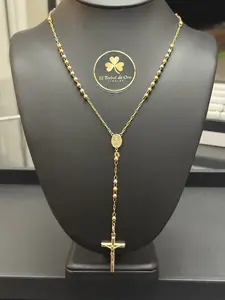 El Trebol de Oro Rosary Necklace 10K for Adults Gold Plated with Cross Pendant and Beads