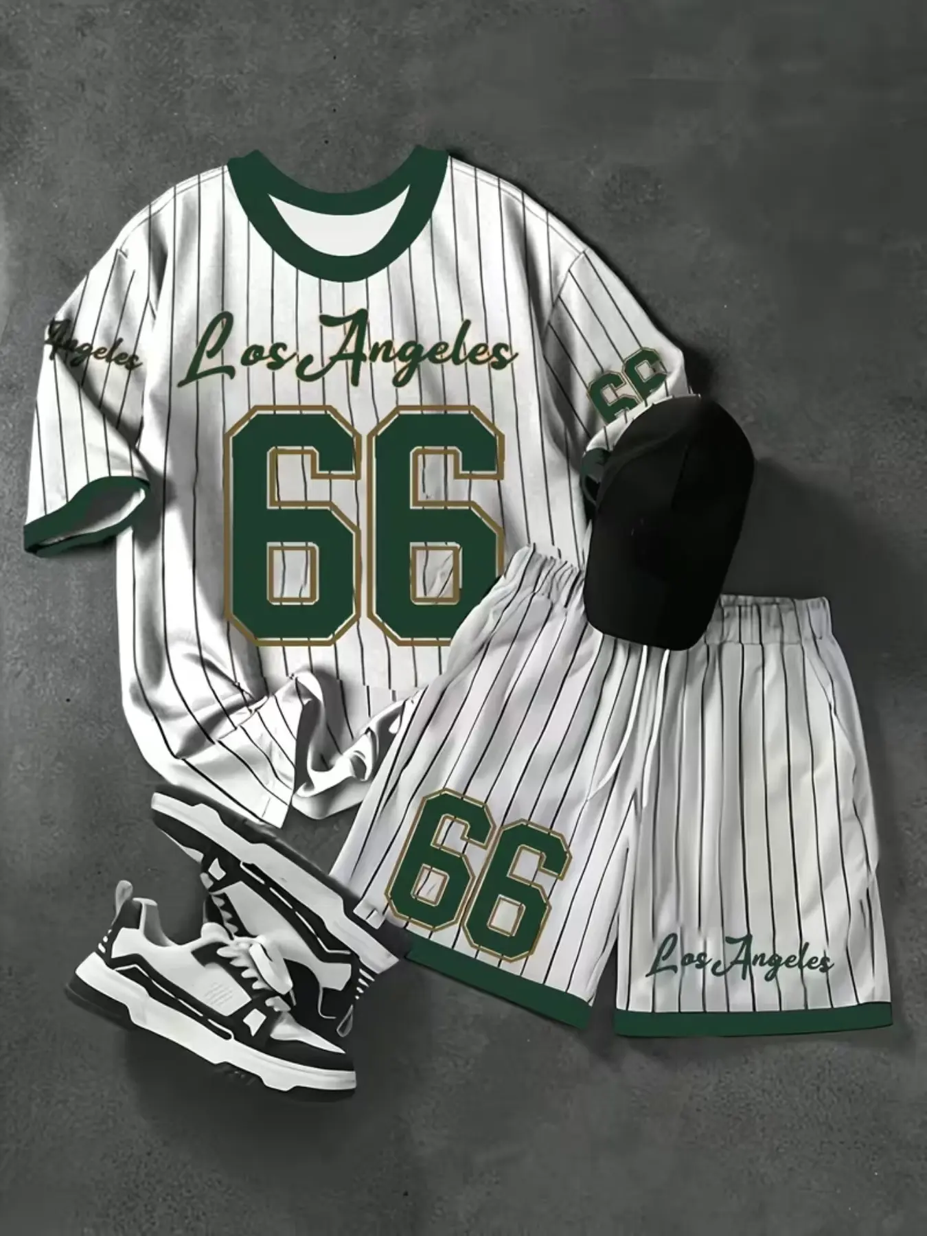 Men's Large Size Los Angeles 66 Print Tee + Short Pants Set, Casual Sportswear, Activewear Set, Workout Sets, Athletic Tracksuit Set, Summer Sports Clothes, Athleisure Sportswear Set, Breathable Elastic Knit Fabric, Round Neck