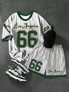 Men's Large Size Los Angeles 66 Print Tee + Short Pants Set, Casual Sportswear, Activewear Set, Workout Sets, Athletic Tracksuit Set, Breathable Elastic Knit Fabric, Round Neck
