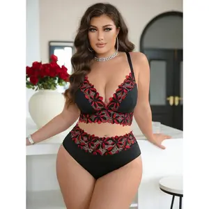 Seduluxe 2pcs Plus Size Lace Patchwork Wireless Bra Set