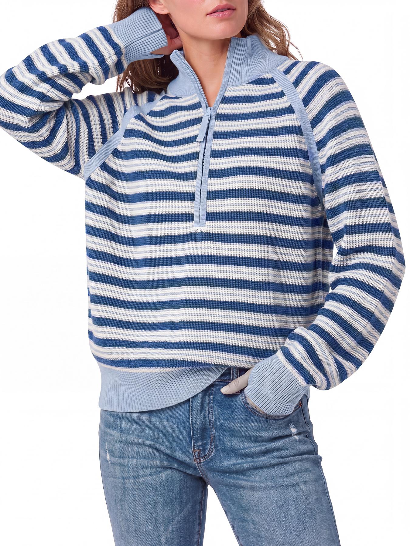 Wodubu Women's Knitwear Sweaters - Half-Zip Striped Ribbed Knit Tops, Long Sleeves, Casual Oversized Fit, Style Options: Mock Neck, V-Neck, 2026 Fall Winter Clothes