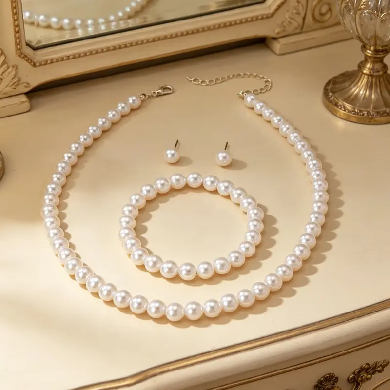 Fashion Pearl Jewelry Set, Imitation Pearl Necklace, Bracelet and Earrings, Elegant Women's Accessory Set for Stylish Looks, All Seasons Fashion Accessories