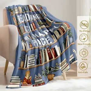 Reading Is My Happy Place Flannel Throw Blanket, Bookshelf Orange Cat Book Lover Pattern Soft Warm Cozy Nap Blanket for Couch Bed Sofa, Cozy Gift for Bookworm Her Him Friend, Birthday Christmas Holiday Housewarming Gift