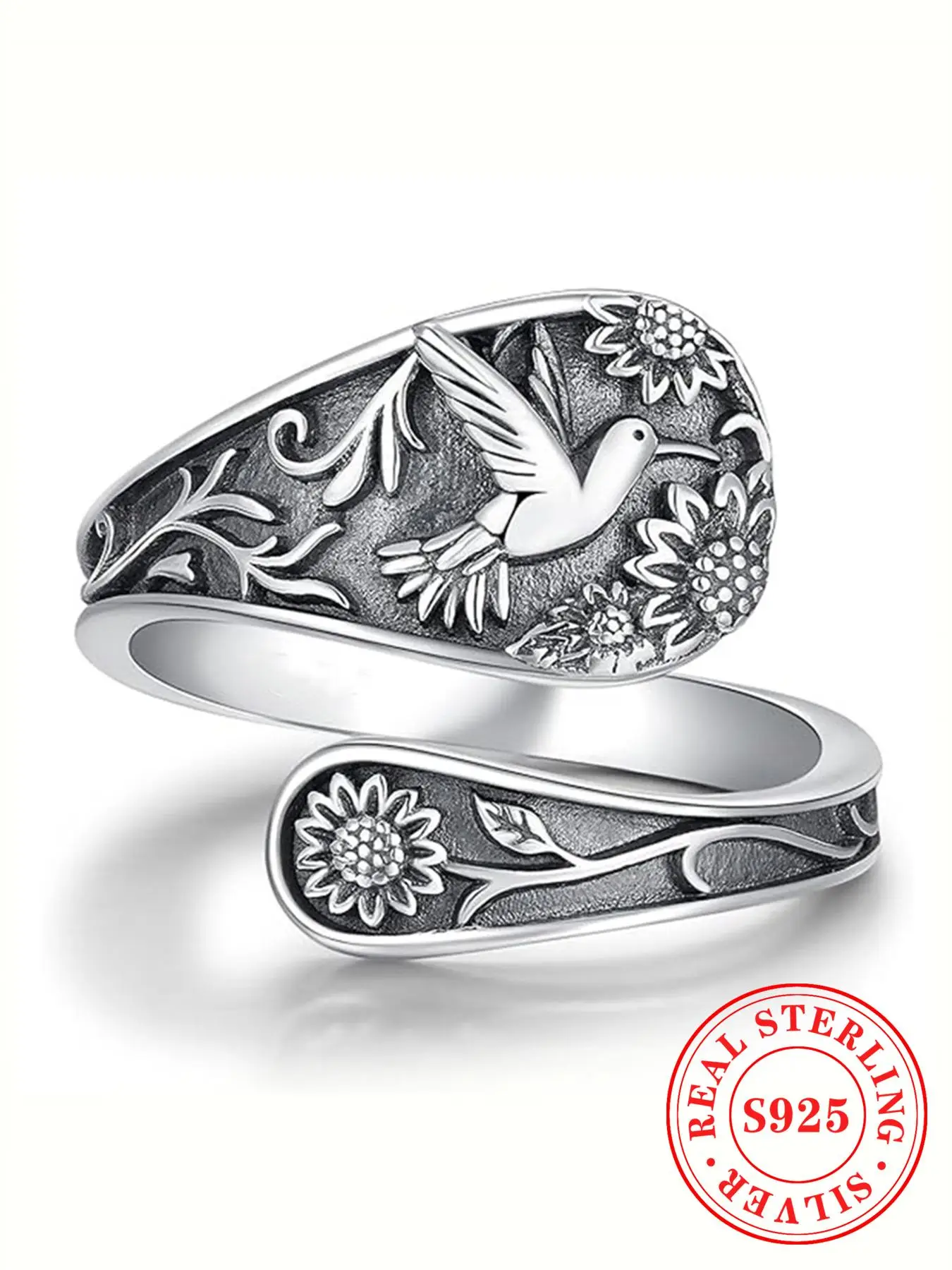 925 Sterling Silver Vintage Flower & Bird Pattern Embossed Design Cuff Ring, Ring Jewelry for Women, Daily Wear, Exquisite Jewelry for Birthday Gifts,