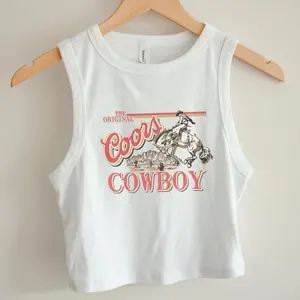Coors Cowboy Cropped Tank Top, Women Micro Rib Tank Baby Tee,  Vintage Cowboy Rodeo Sleeveless Crop Top, Y2K Gothic Clothes Baddie Outfits