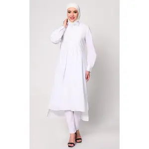 Collared White Tunic with Elegant Waist Gathers