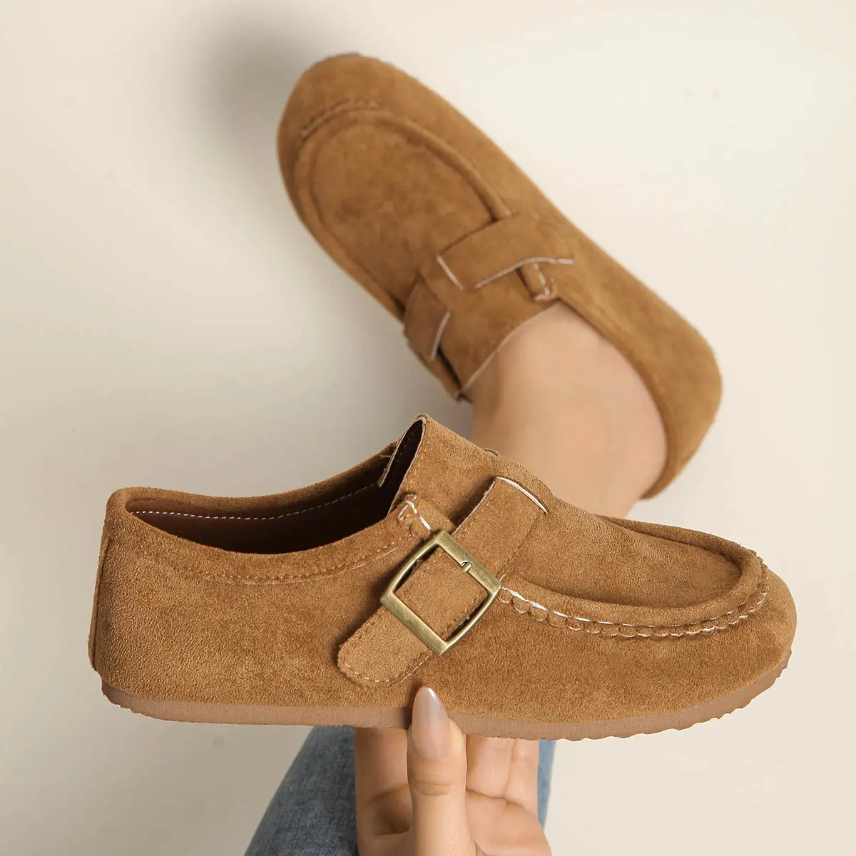 Women's Moccasin Loafers, Soft Suede Minimalist Slip On Commuter Shoes with Classic Buckle and Arch Support, 0.5 Cm, Ankle, Tpu, Solid, Synthetic, Round