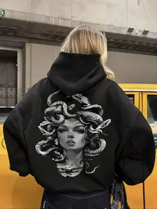 Women's Hooded Sweatshirt with Medusa Print, Casual Loose Fit Pocket Top, Fashion Outdoor Daily Wear, Street Style Spring Fall, Graphic Hoodies
