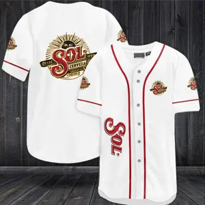 Sol Cerveza Inspired Beer Baseball Jersey – White Button Down Sports Shirt with Red Stripe Detail, Mexican Beer Theme Unisex Streetwear Jersey, Casual Hip Hop Style Summer Outfit for Men Women, Trendy Fan Gift Apparel