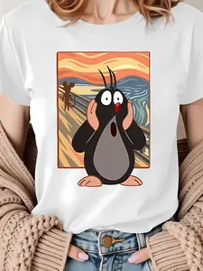 Stylish Women Casual Athletic T Shirt Featuring Cartoon Screaming and Van Gogh Starry Night Print with Comfortable Stretch Fabric and Easy Care Design