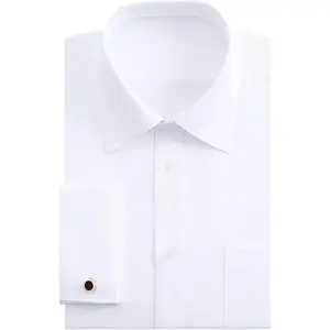 Men's French Cuff Dress Shirts Regular Fit Long Sleeve Spread Collar Metal Cufflink