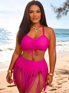 Women's Plus Size New Pure Color Solid Ruched Swimsuit Drawstring Fringe Bikini Set, Perfect for Beach, Pool, and Sea, European and American Style