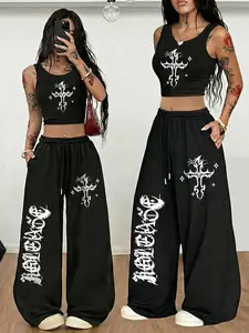 Gothic Cross Revenge Print Tank Top & Wide Leg Pants Set, Stylish Casual Statement, Perfect for Daily Wear, Women's Fashion